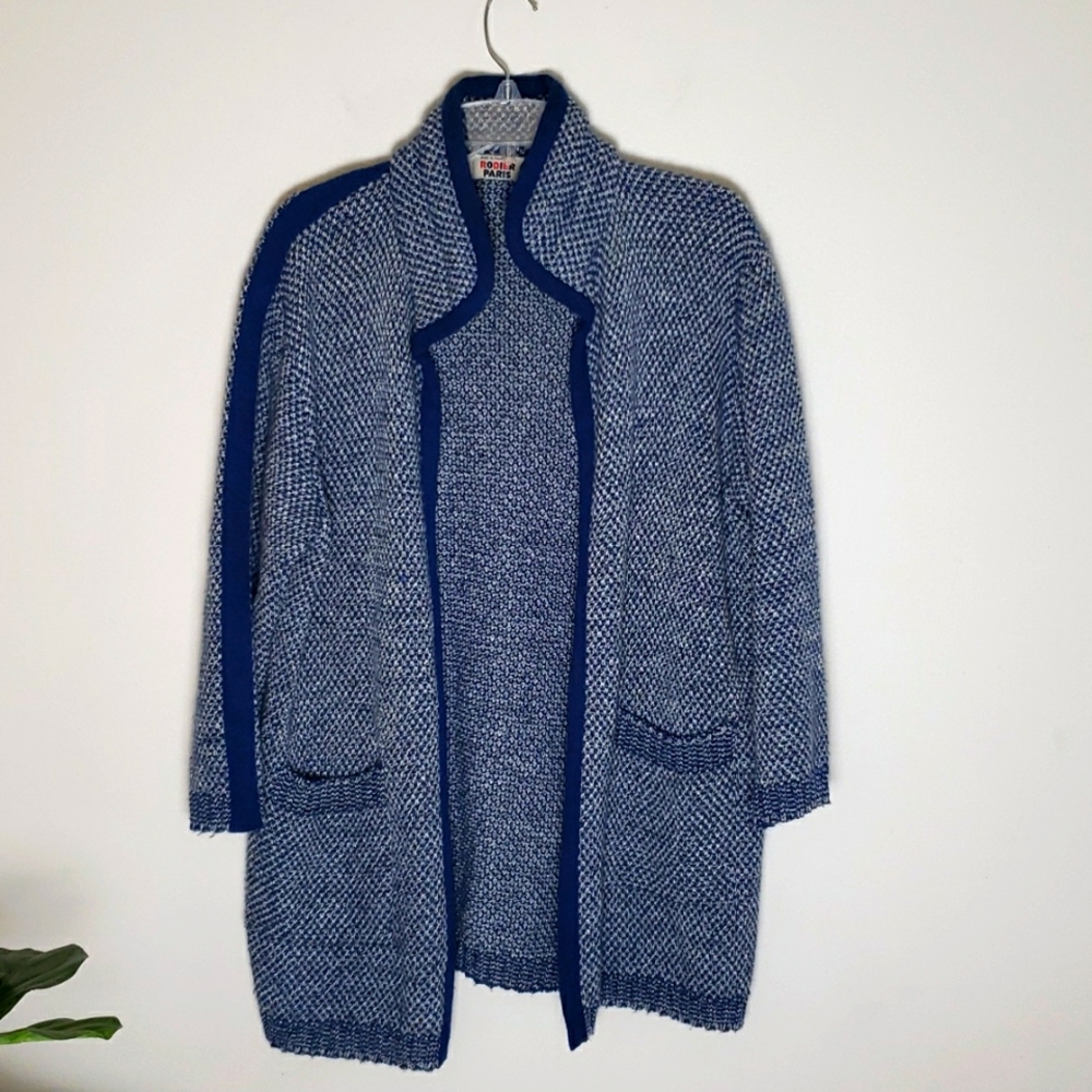 Rodier Paris cardigan sweater longline, made in Paris France, blue, wool. Large